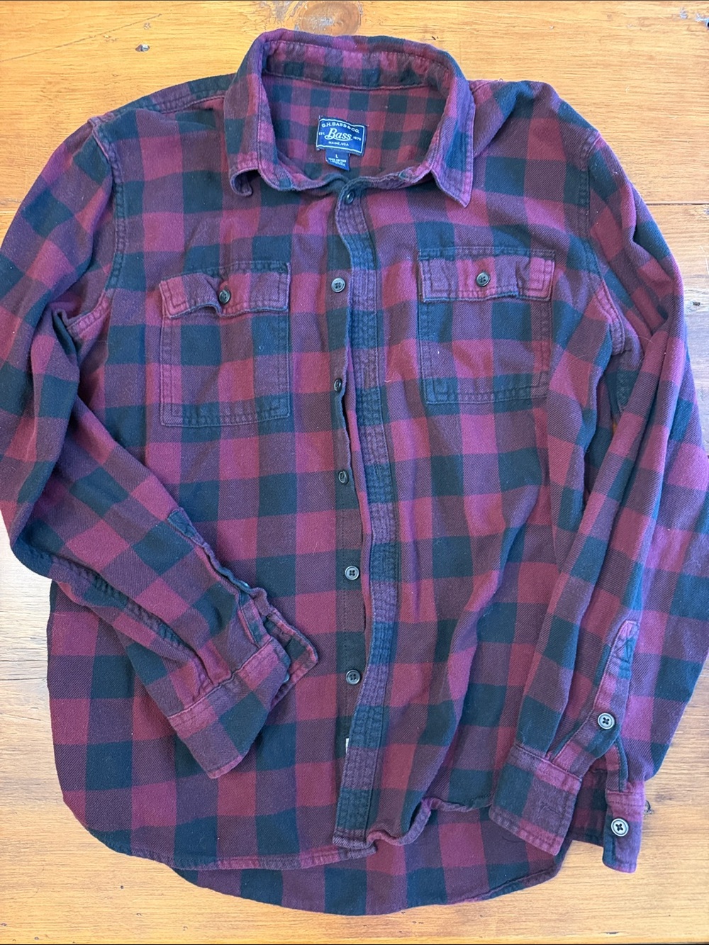 Bass Burgundy and Black Plaid Flannel Button-Down Shirt